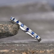 925 Sterling Silver Half Eternity Wedding Band Ring For Women Blue Sapphire \u0026 Diamond